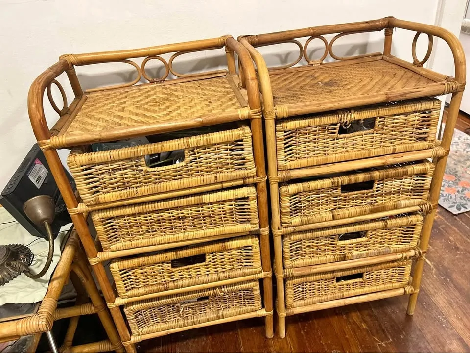 Pair of Vintage Rattan and Wicker Drawer Units