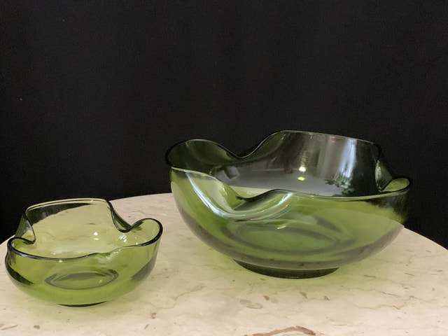 Vintage Green Glass Bowl Set one large two small