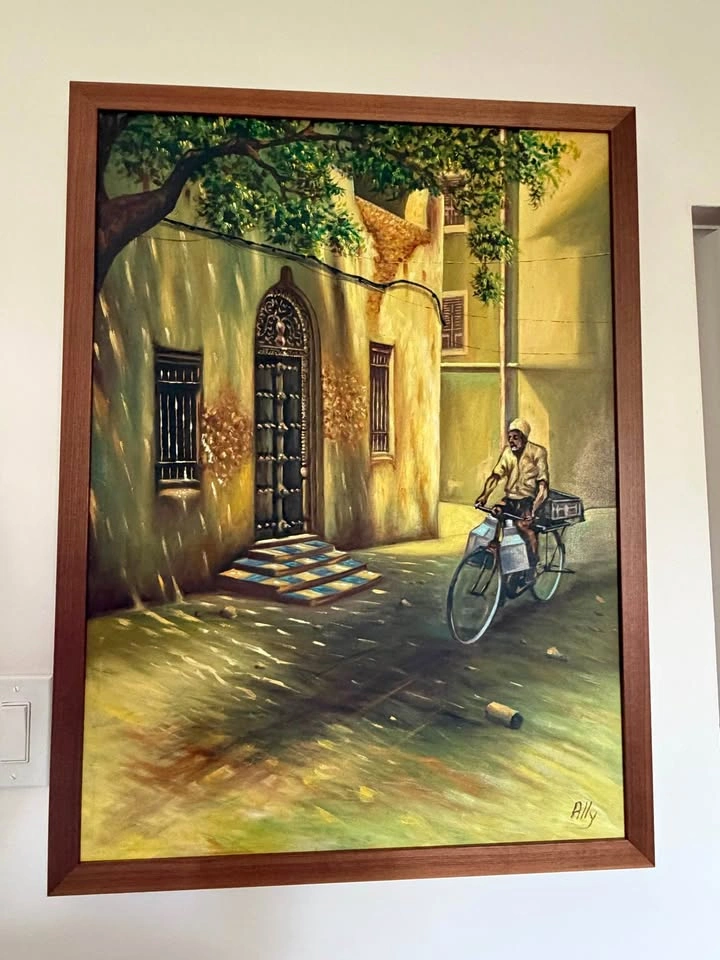 Original Oil Painting Signed by Ally - Man on Bicycle Street Sce