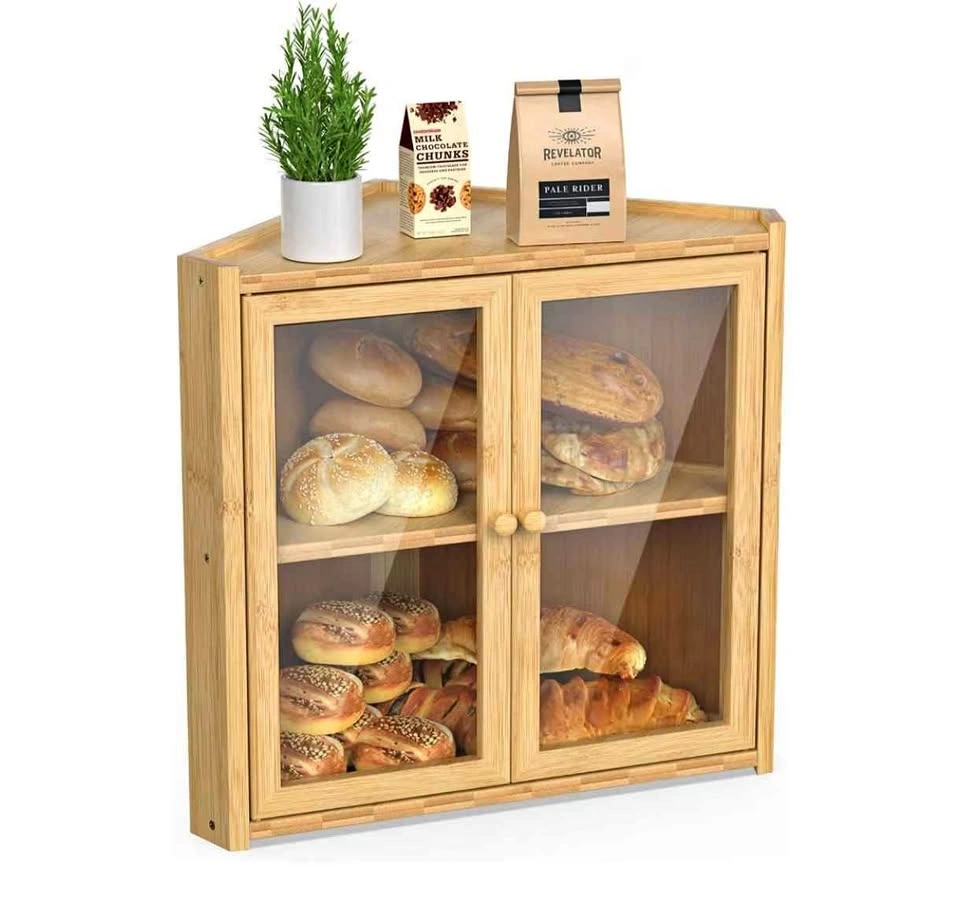 Bamboo Corner Bread Box, 2 Tier, with Clear Doors