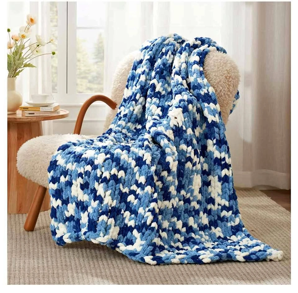 Chenille Chunky Knit Throw Blanket for Couch 50"x60", Blue