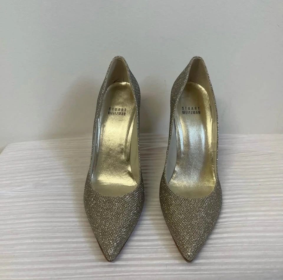 Stuart Weitzman Anny 95 Gold Glitter Stiletto Pumps Size 8 - photo 3
