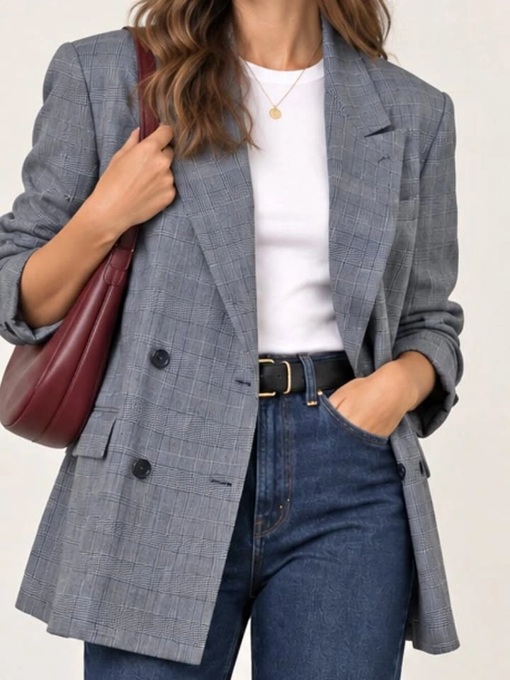Vintage Navy Plaid Blazer Double Breasted Jacket