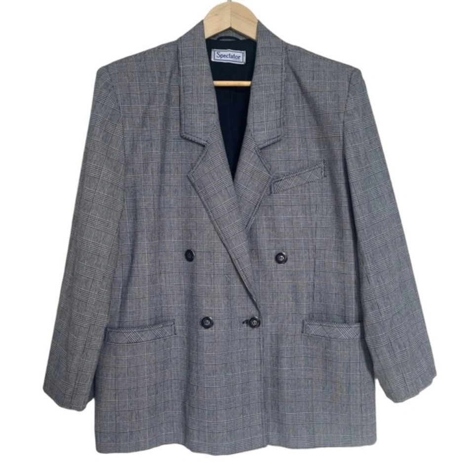 Vintage Navy Plaid Blazer Double Breasted Jacket - photo 2