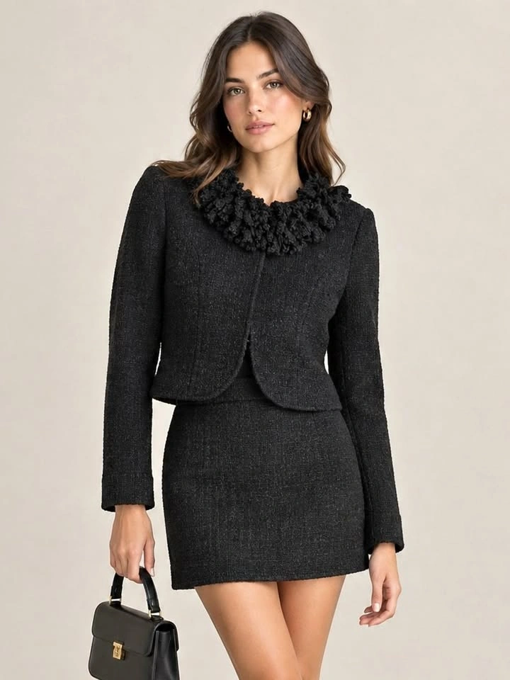 Black 100% Wool Ruffle Collar Bolero Cropped Jacket