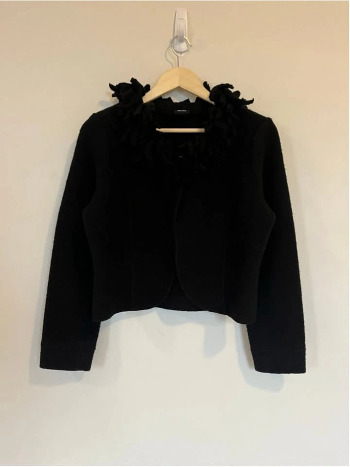 Black 100% Wool Ruffle Collar Bolero Cropped Jacket - photo 2