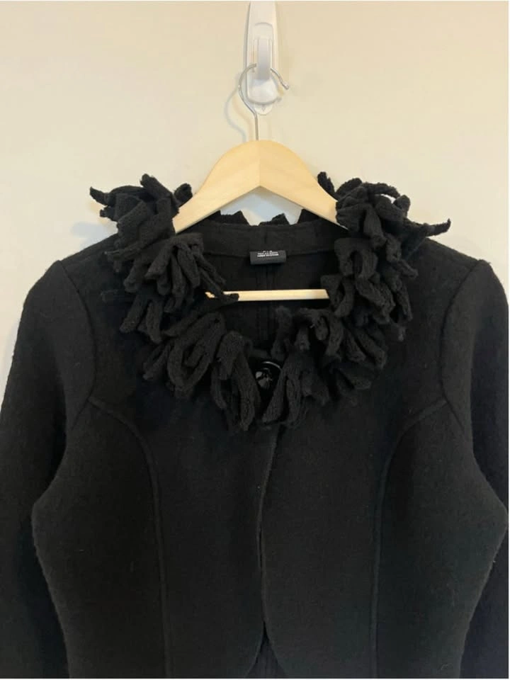 Black 100% Wool Ruffle Collar Bolero Cropped Jacket - photo 3