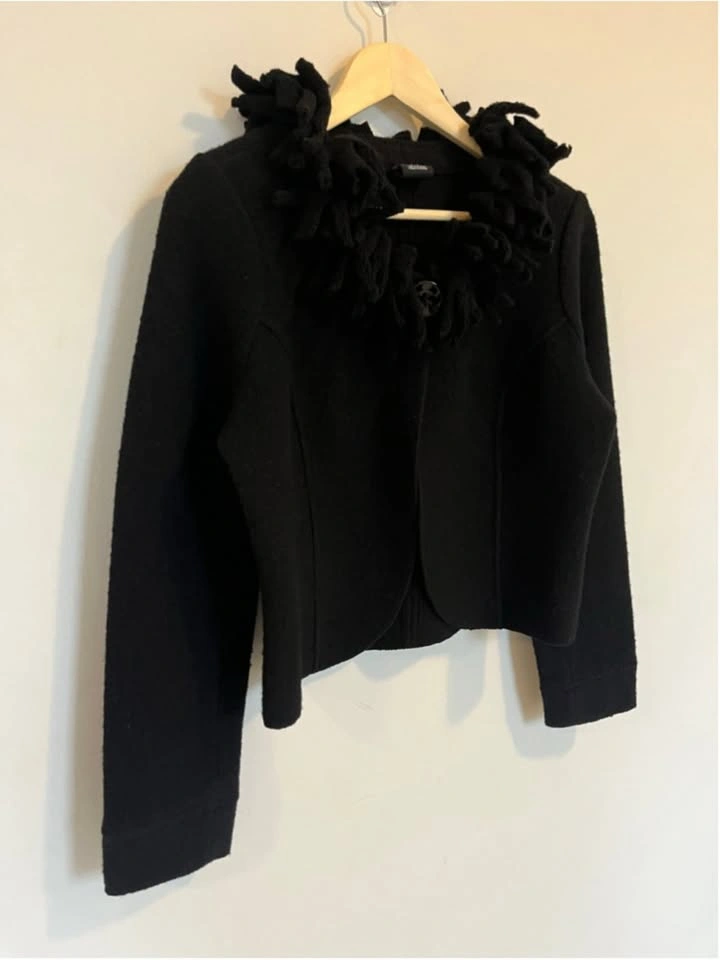 Black 100% Wool Ruffle Collar Bolero Cropped Jacket - photo 4