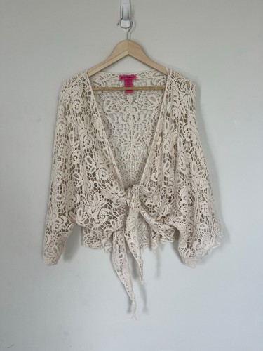 Betsey Johnson Crochet Tie-Front Blouse Beige 100% Cotton