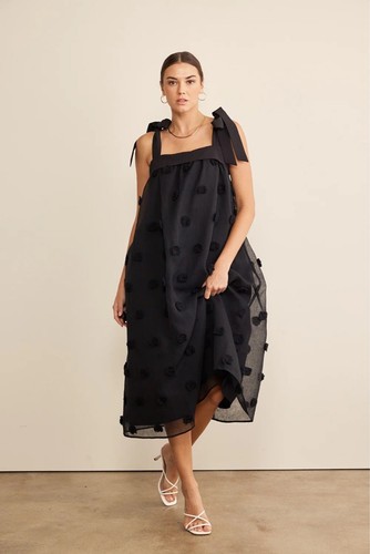 Black Midi Dress Sheer 3D Polka Dot Pom-Poms Arianna Dress
