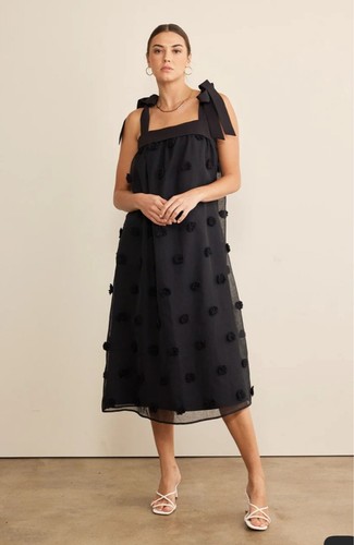 Black Midi Dress Sheer 3D Polka Dot Pom-Poms Arianna Dress - photo 2