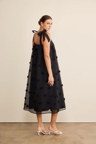 Black Midi Dress Sheer 3D Polka Dot Pom-Poms Arianna Dress - photo 3