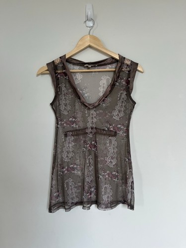 Y2K Sheer Paisley Mesh Tank Top Floral Satin Trim V Neck