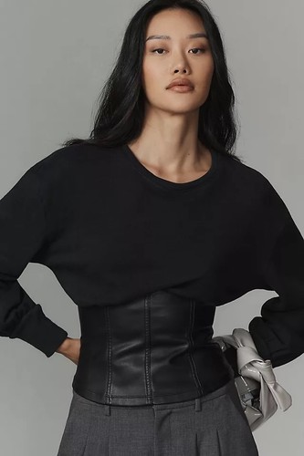 Anthropologie Pilcro Black Faux Leather Corset Sweatshirt