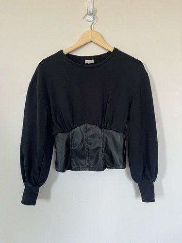 Anthropologie Pilcro Black Faux Leather Corset Sweatshirt - photo 2