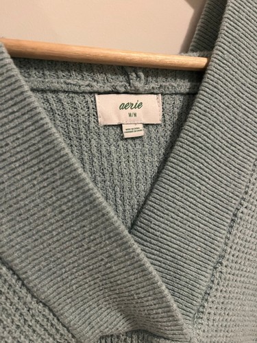 Aerie Light Blue Teal V-Neck Oversized Waffle Knit Hoodie - photo 3