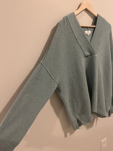 Aerie Light Blue Teal V-Neck Oversized Waffle Knit Hoodie - photo 4