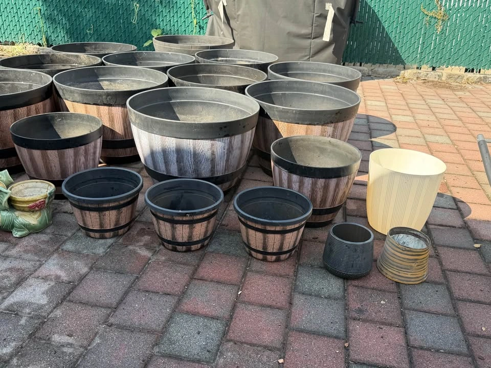 Assorted Whiskey Barrel Style Planters and Additional Pots - photo 2