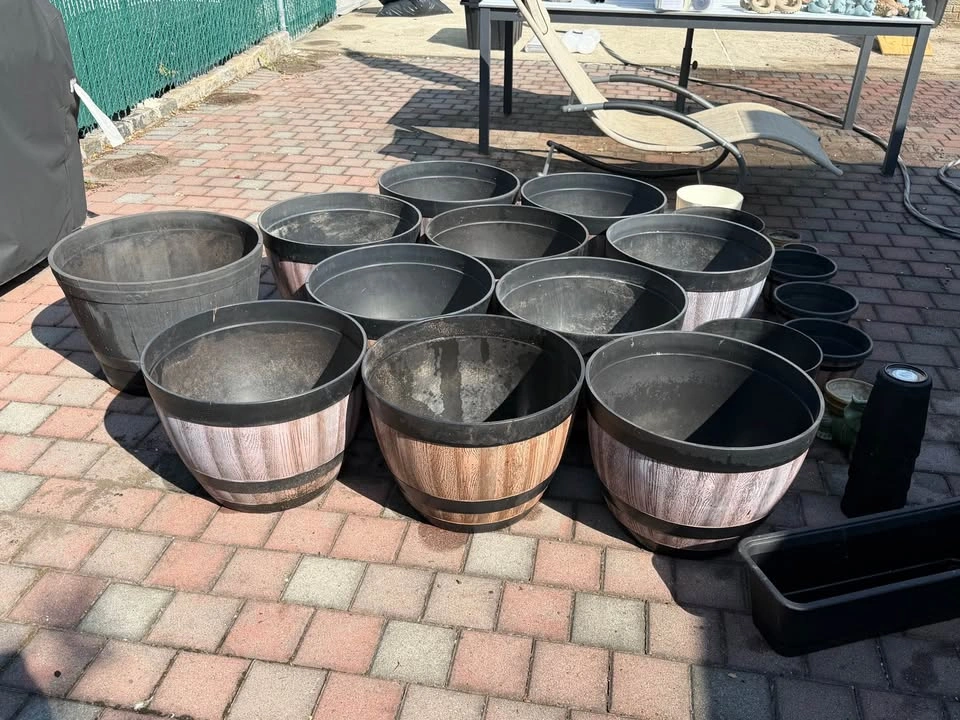 Assorted Whiskey Barrel Style Planters and Additional Pots - photo 4