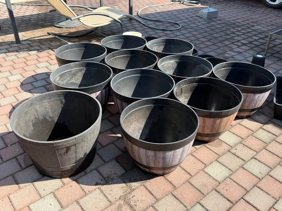 Assorted Whiskey Barrel Style Planters and Additional Pots - photo 5
