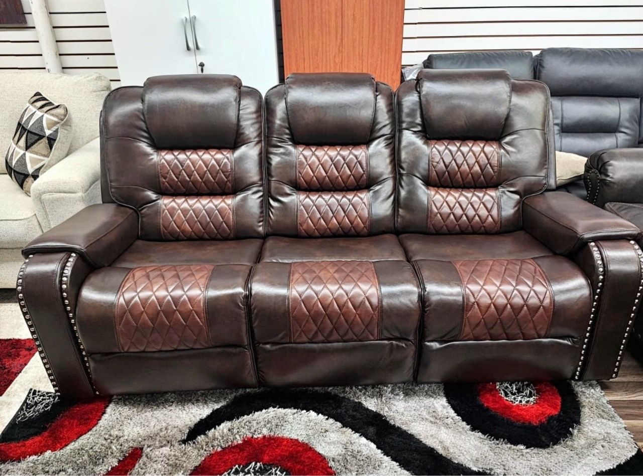 Brown Leather Reclining Sofa with Nailhead Trim