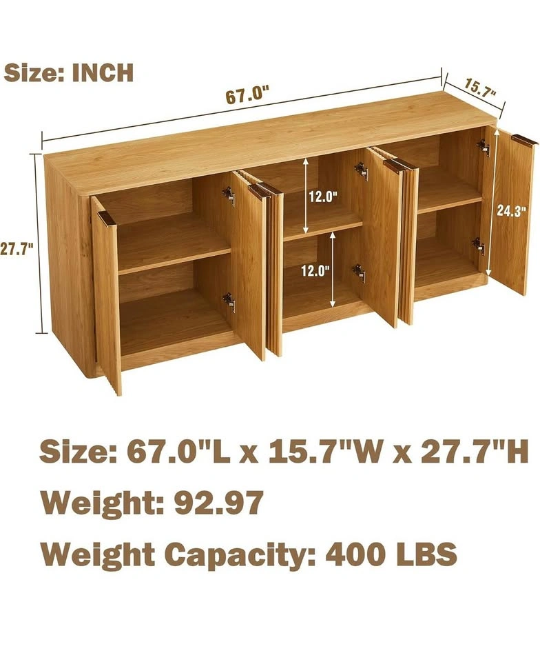 67” Sideboard Buffet Cabinet with 6 Doors – Brown Fluted TV Stan - photo 3