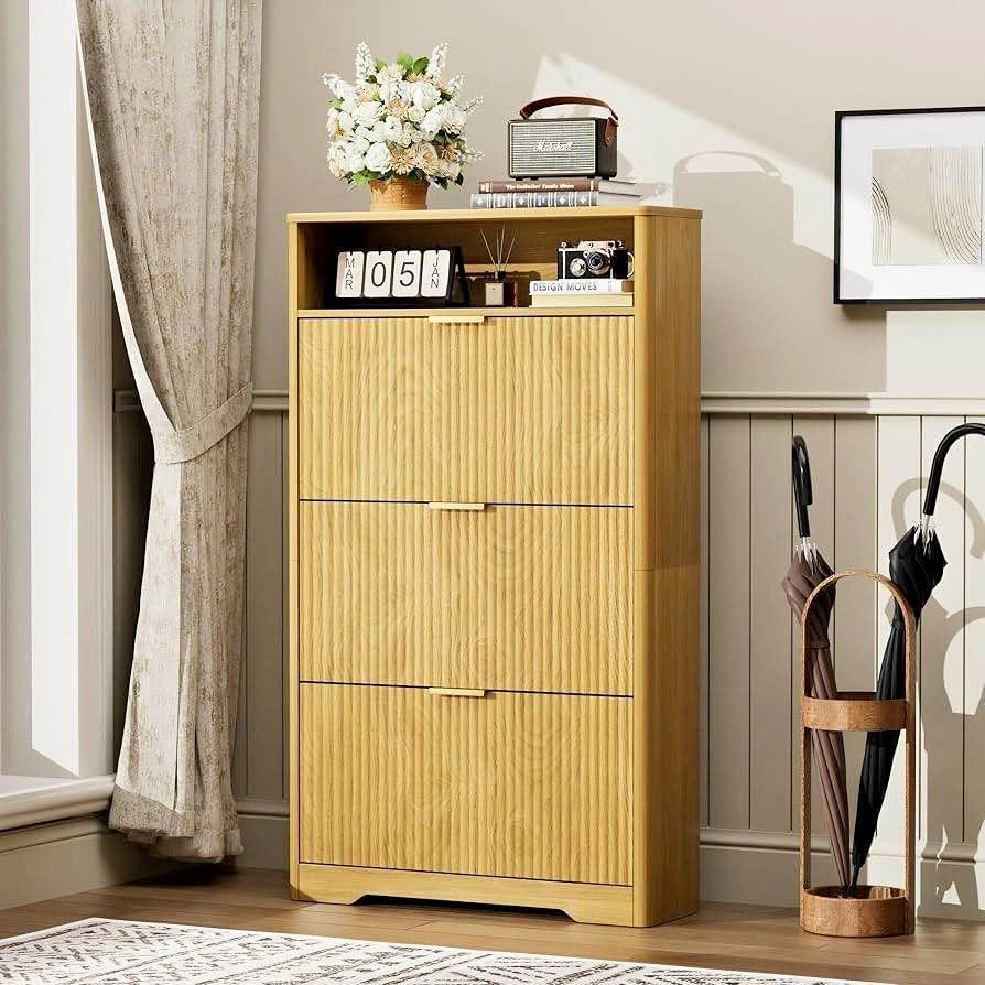 Shoe Cabinet, Natural, 3 Flip Drawers, 54.4in Tall