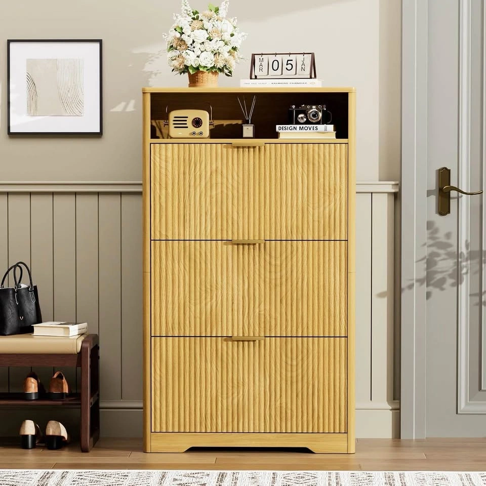 Shoe Cabinet, Natural, 3 Flip Drawers, 54.4in Tall - photo 3