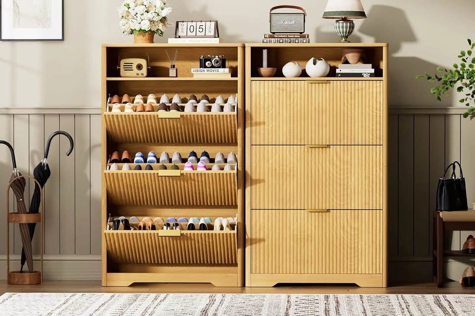 Shoe Cabinet, Natural, 3 Flip Drawers, 54.4in Tall - photo 4