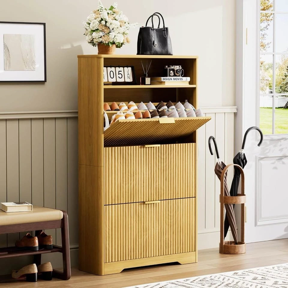 Shoe Cabinet, Natural, 3 Flip Drawers, 54.4in Tall - photo 5