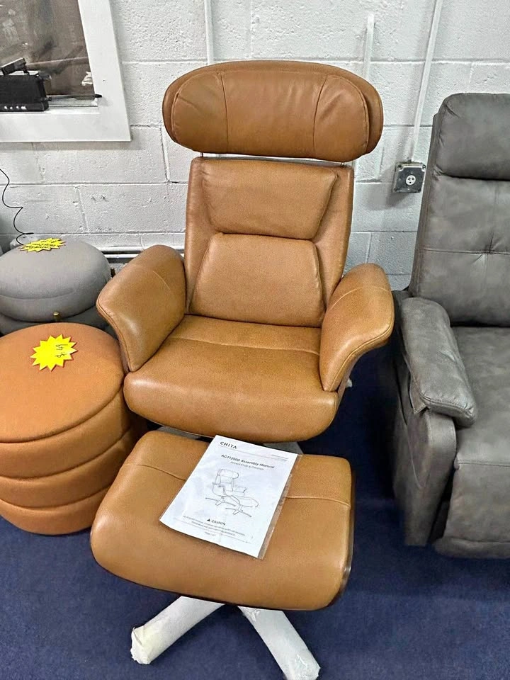 CHITA Genuine Leather Reclining Swivel Accent Chair & Ottoman