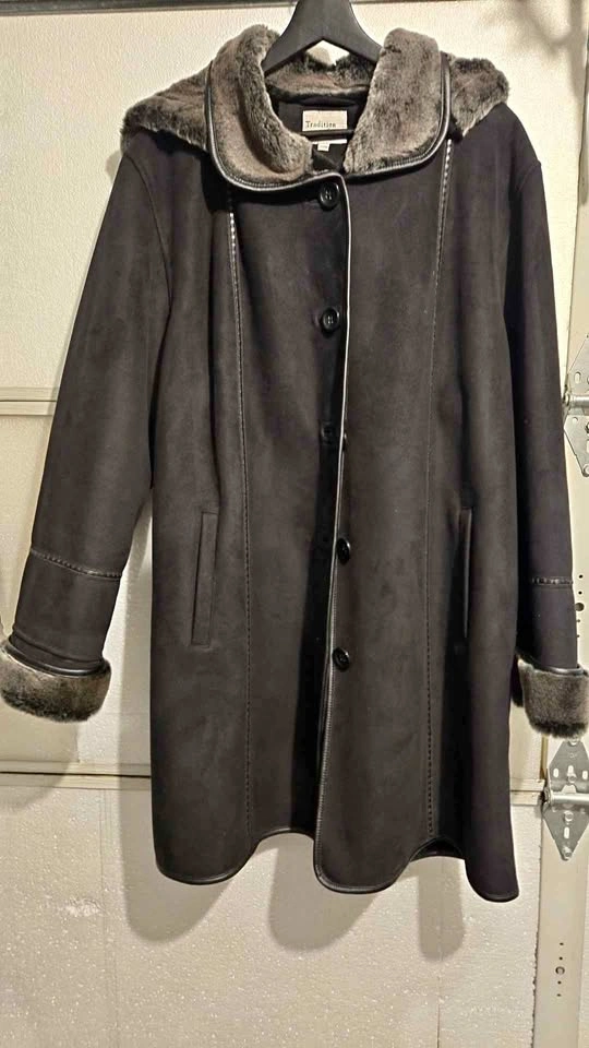 Tradition Plus Faux Suede Hooded Coat with Faux Fur Trim