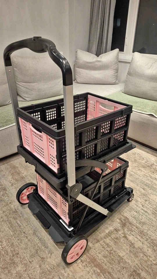 2-Tier Folding Utility Cart/Grocery Cart with Collapsible Crates