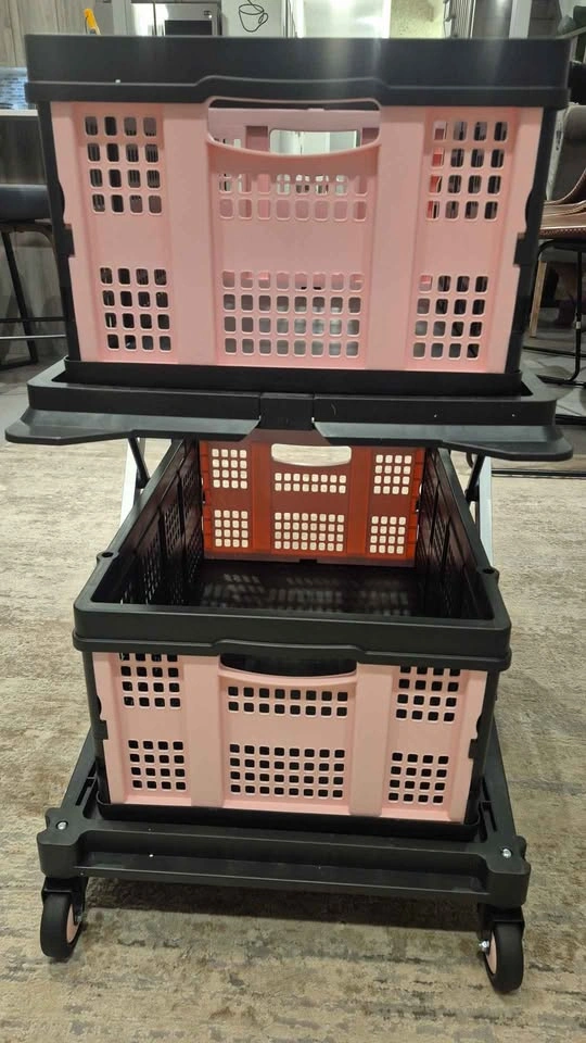 2-Tier Folding Utility Cart/Grocery Cart with Collapsible Crates - photo 2