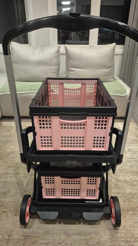 2-Tier Folding Utility Cart/Grocery Cart with Collapsible Crates - photo 4