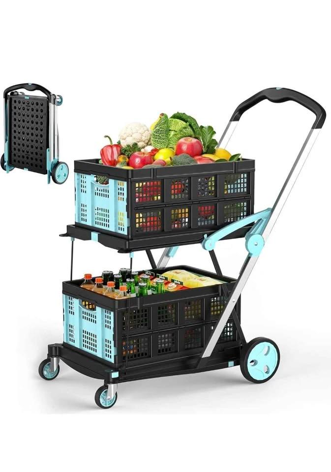 2-Tier Folding Utility Cart/Grocery Cart with Collapsible Crates - photo 5