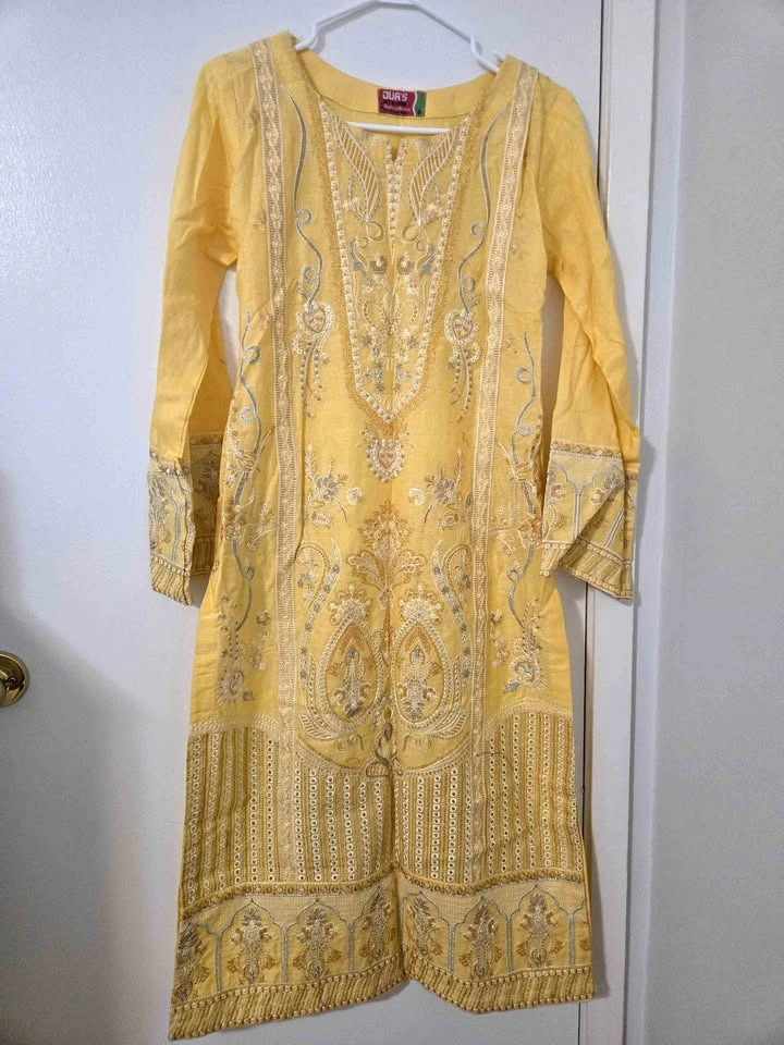 Dua's Yellow Embroidered Pakistani/Indian dress (3 peice)