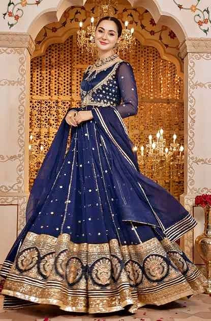 Navy Blue Embroidered Anarkali Dress (3 Piece)