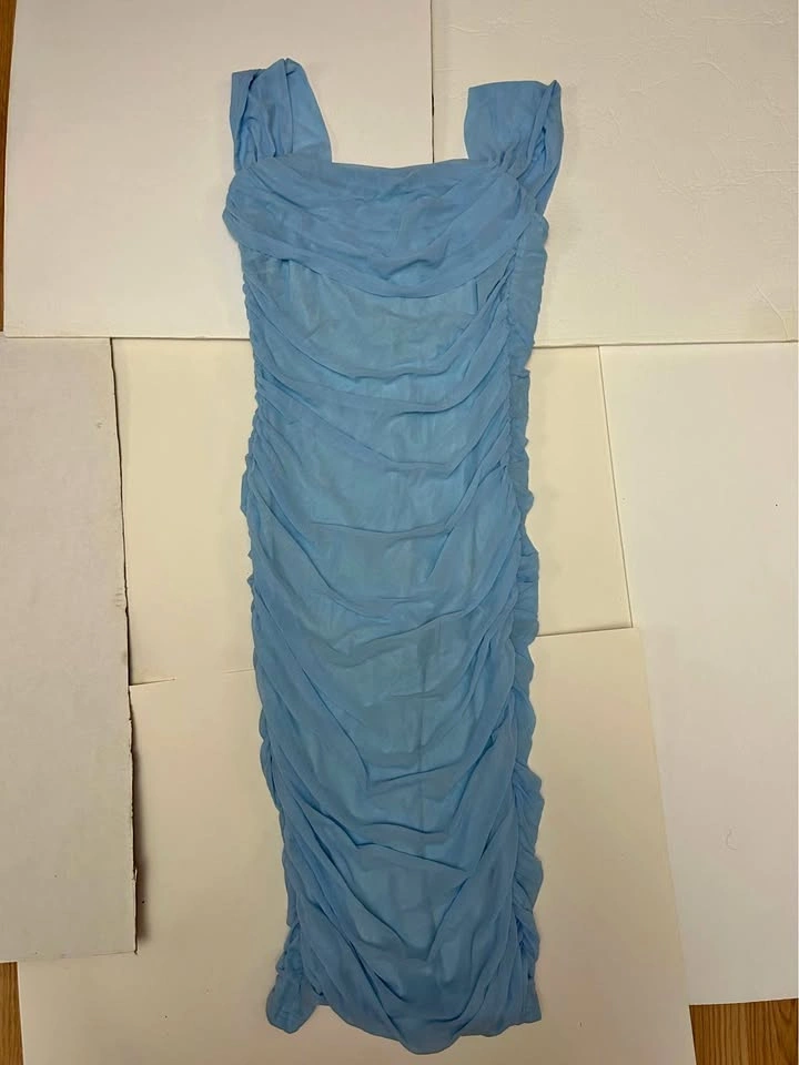 PrettyGarden Light Blue Ruched Mesh Midi Dress Size L