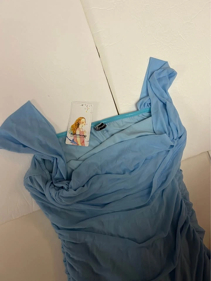 PrettyGarden Light Blue Ruched Mesh Midi Dress Size L - photo 2