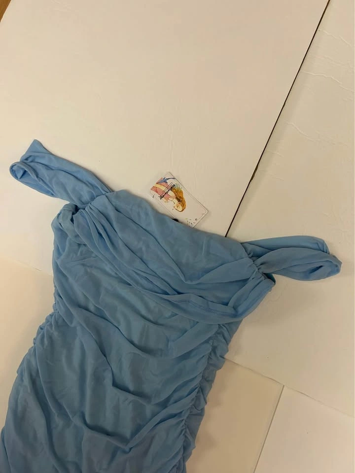 PrettyGarden Light Blue Ruched Mesh Midi Dress Size L - photo 4