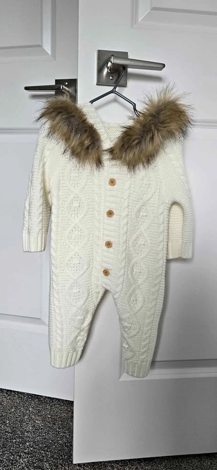 NEW - White Cable Knit Hooded Romper with Faux Fur Trim