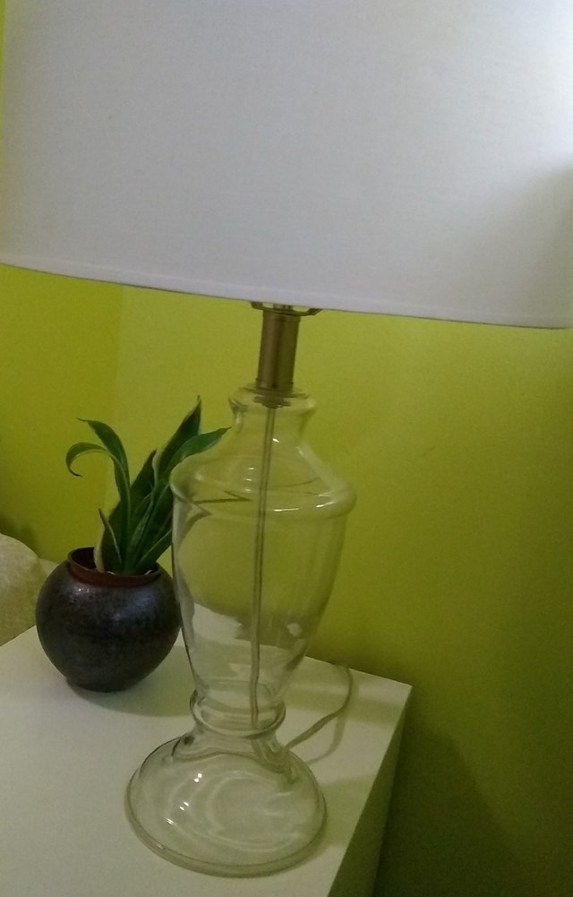 Glass table lamp white linen shade