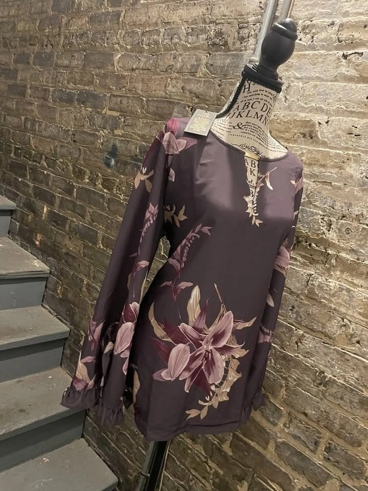 Diane Gilman Gray & Mauve Lily Print Silky Shirt Size XL (BNWT)