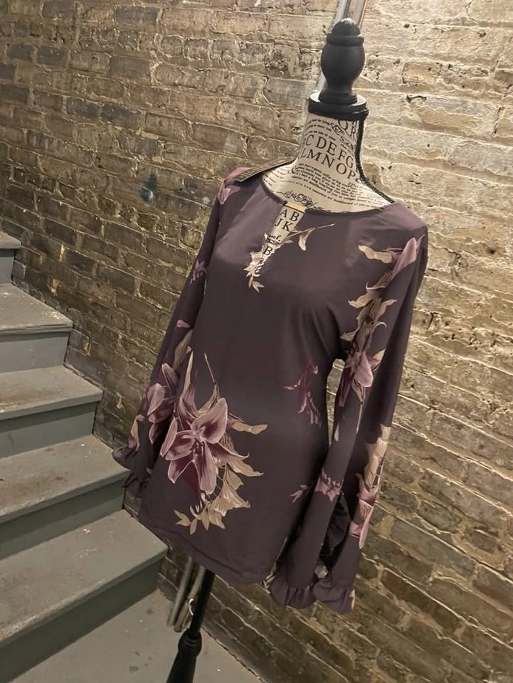 Diane Gilman Gray & Mauve Lily Print Silky Shirt Size XL (BNWT) - photo 2
