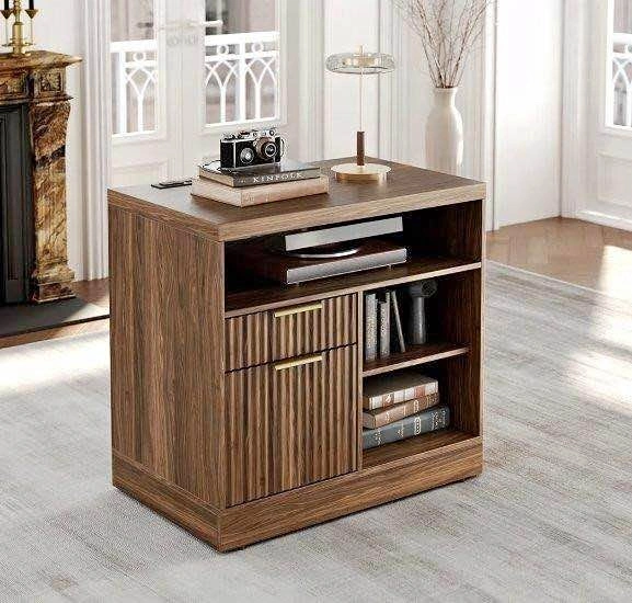 3-Drawer Fluted Wood File Cabinet w/ Charging Station