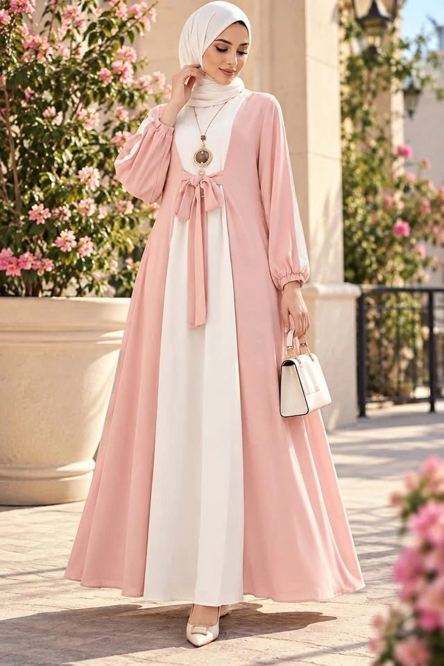 Elegant Pink & Cream Modest Maxi Dress – Long Sleeve Size M