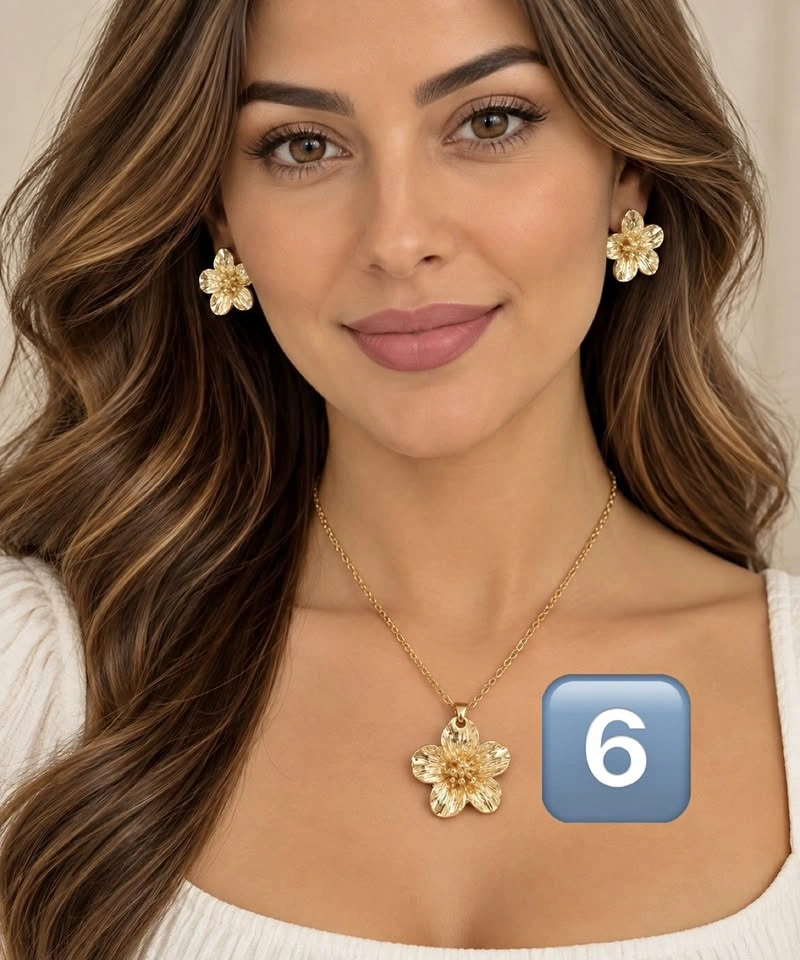 Gold Flower Pendant Necklace & Earrings Set