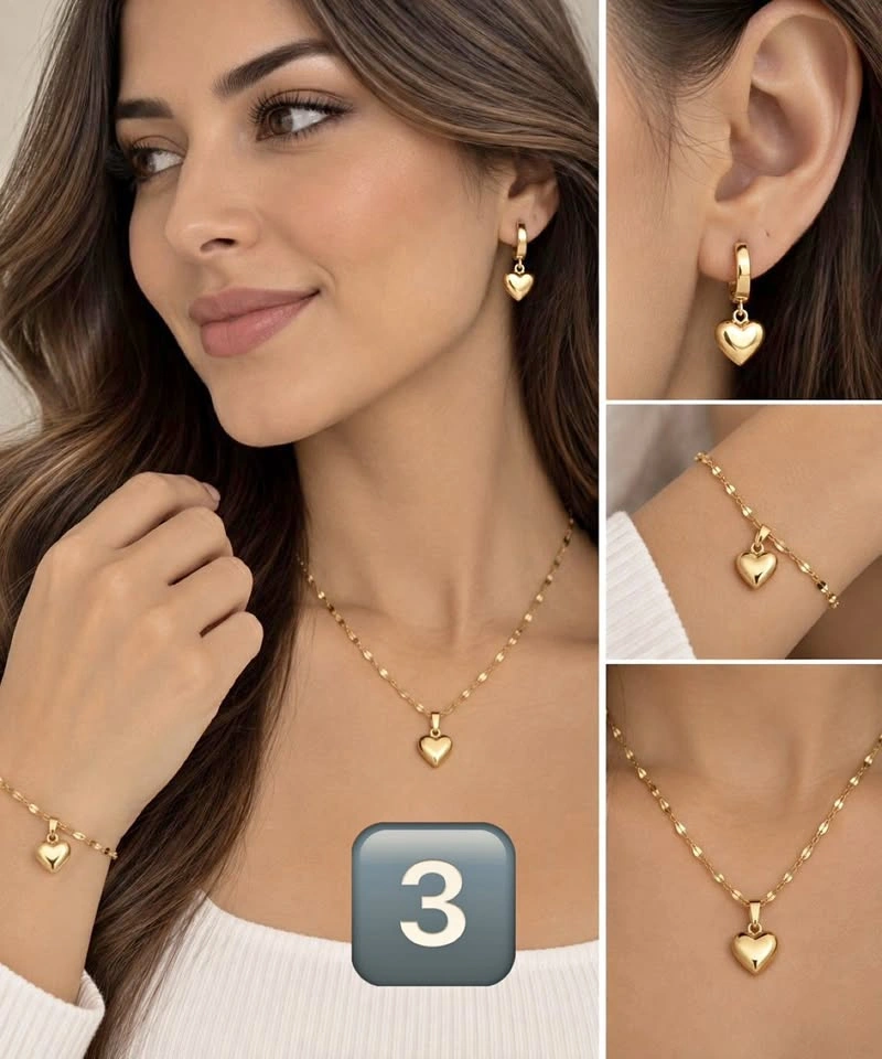 Gold Heart Pendant Necklace, Bracelet & Hoop Earrings Set