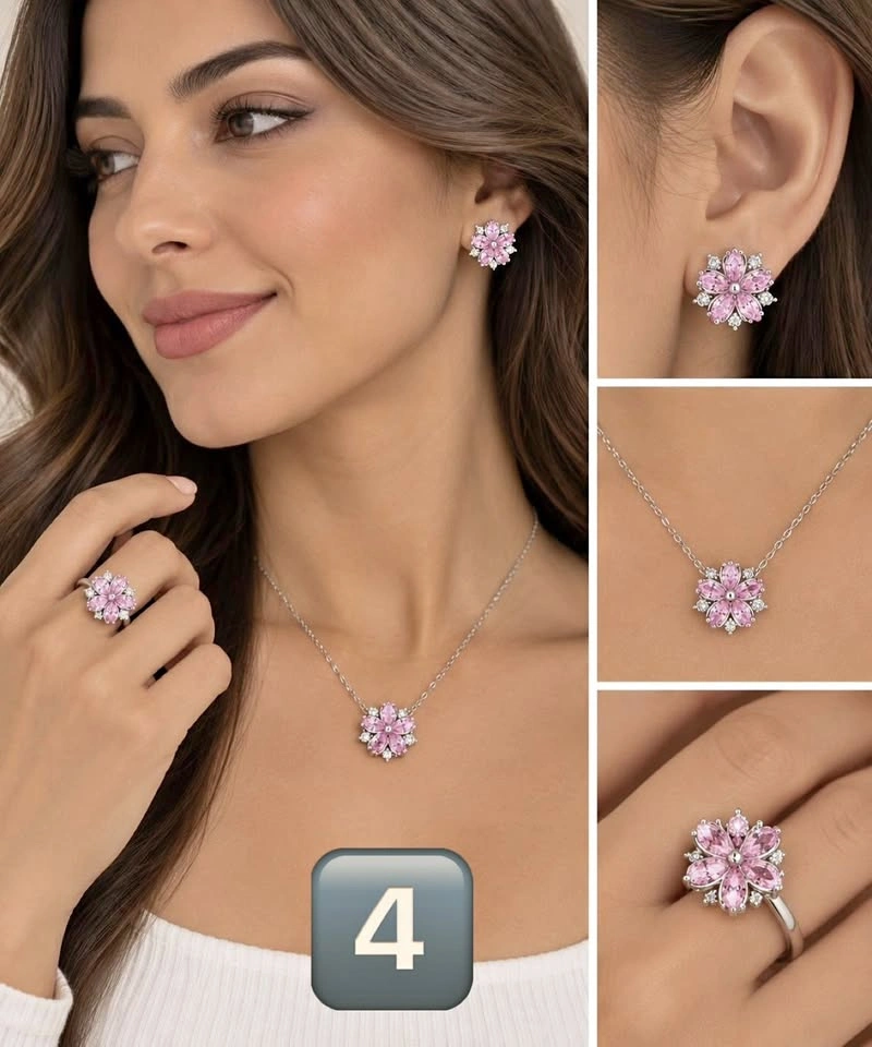 Pink Flower Crystal Jewelry Set (Earrings, Necklace & Ring)